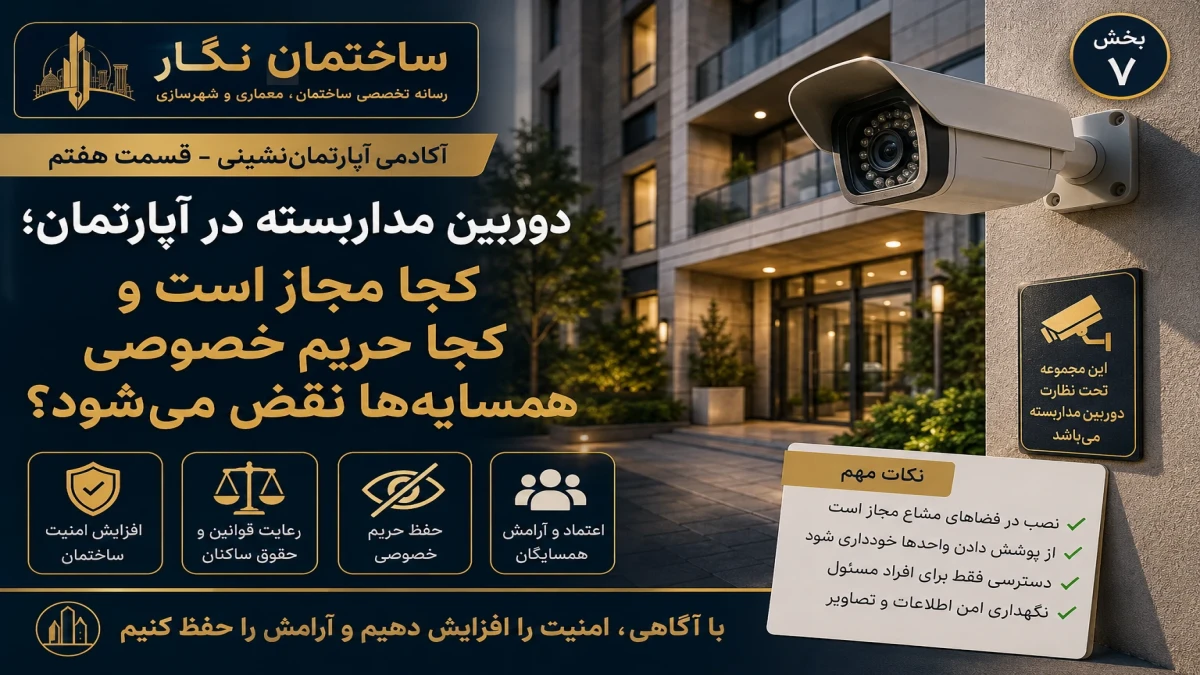 مجموعه آموزشی آکادمی آپارتمان‌نشینی ساختمان نگار- قسمت هفتم- دوربین مداربسته در آپارتمان؛ کجا مجاز است و کجا حریم خصوصی همسایه‌ها نقض می‌شود؟