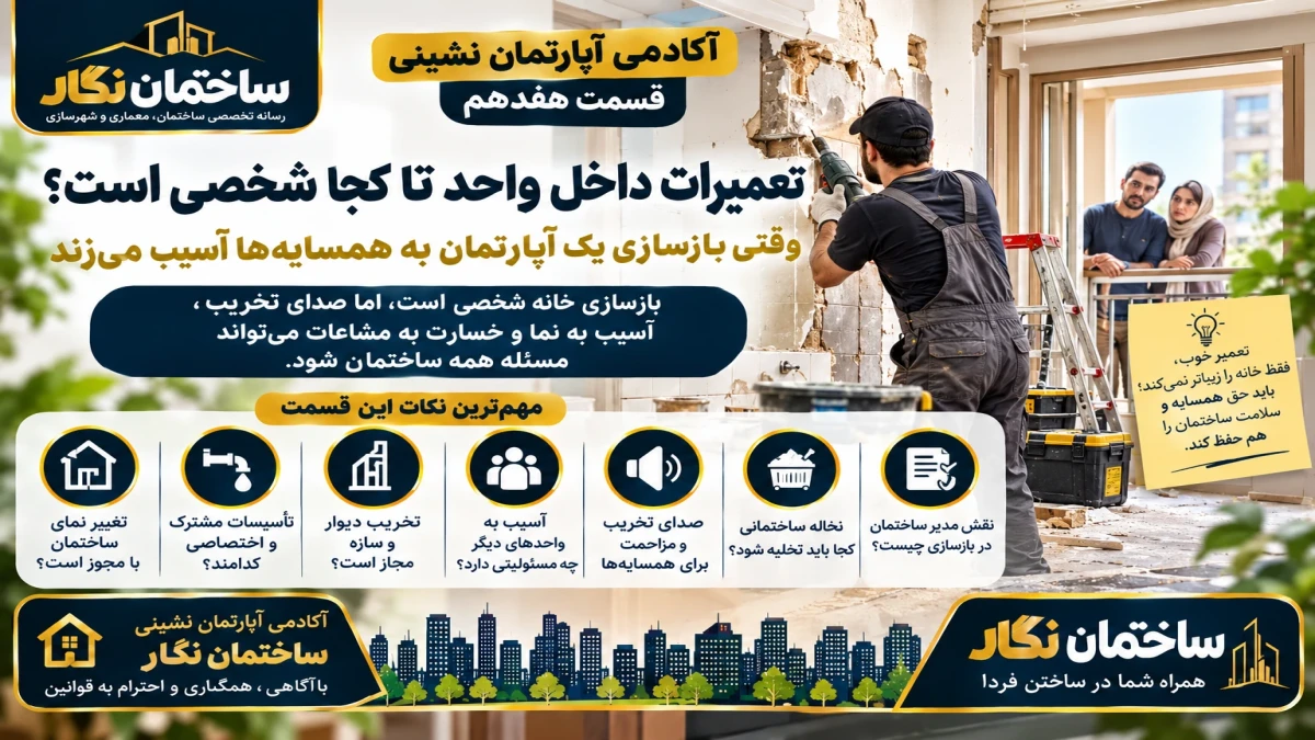 آکادمی آپارتمان‌نشینی ساختمان نگار.قسمت هفدهم تعمیرات داخل واحد تا کجا شخصی است؟ وقتی بازسازی یک آپارتمان به همسایه‌ها آسیب می‌زند