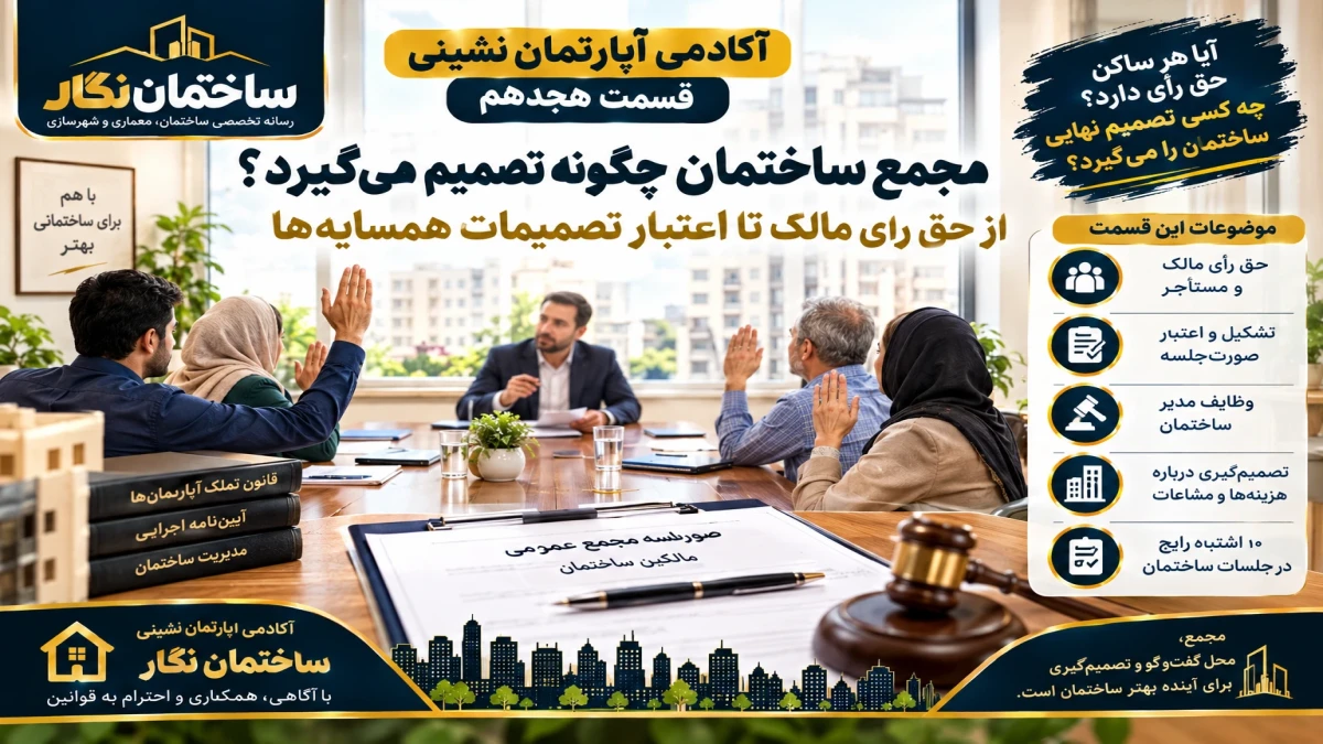 آکادمی آپارتمان‌نشینی ساختمان نگار.قسمت هجدهم مجمع ساختمان چگونه تصمیم می‌گیرد؟ از حق رأی مالک تا اعتبار تصمیمات همسایه‌ها